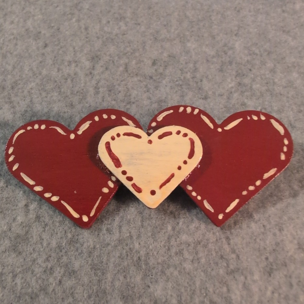 Handmade Triple Heart Brooch Pin Red Cream Valentine Rustic Folk Art - Picture 1 of 3